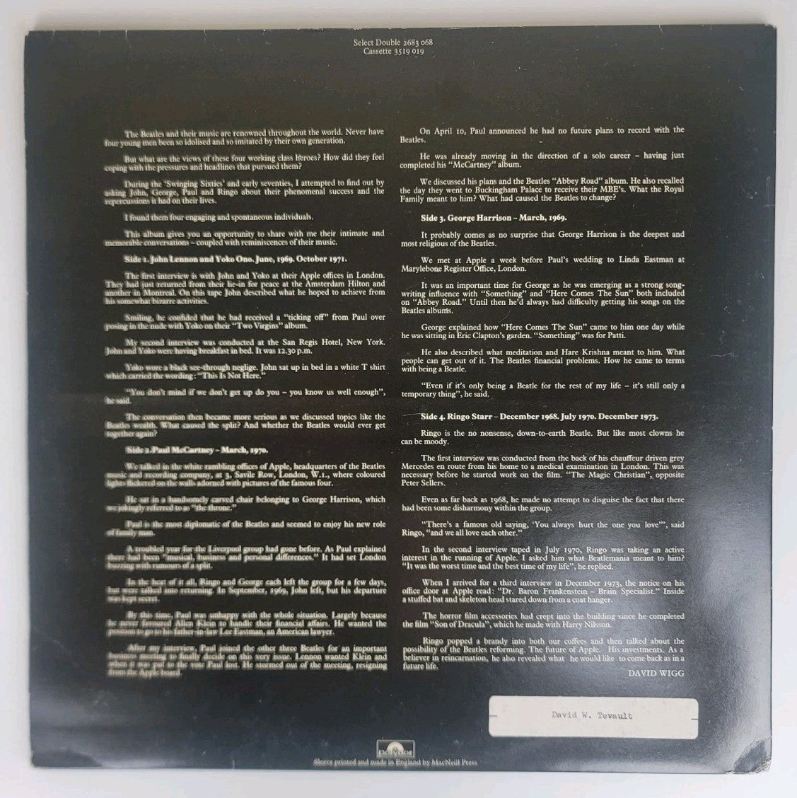 The Beatles – The Beatles Tapes (David Wigg) 2LP 1976 UK Polydor Booklet NM/VG+