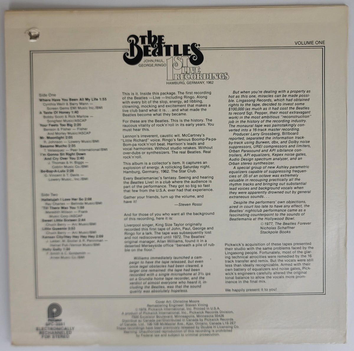 Beatles 1st Live Recordings Vol 1 LP Pickwick Hauppauge Star-Club Hamburg VG+/VG